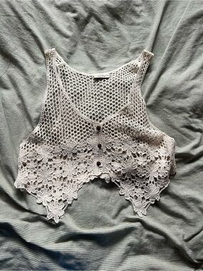 Crochet Lace Button-Front Vest - Cream